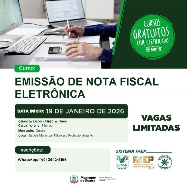 Município de Guaíra divulga curso gratuito de Emissão de Nota Fiscal Eletrônica