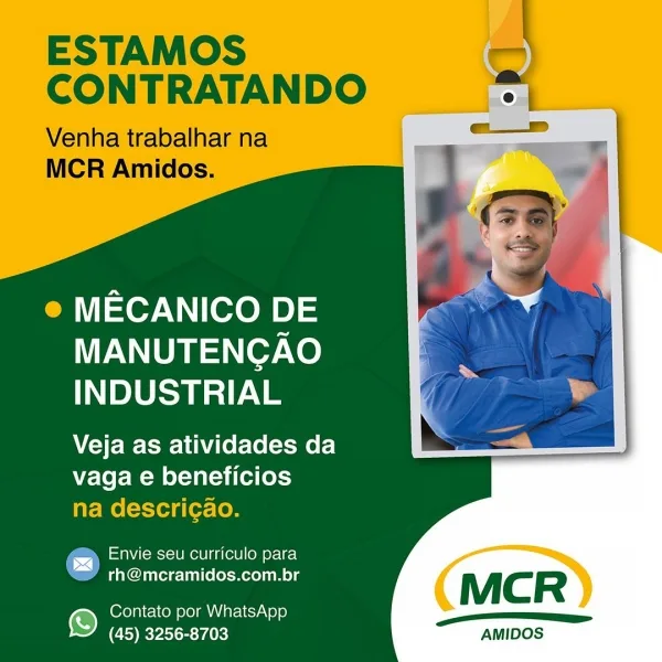 MCR Amidos abre vaga para Mecânico de Manutenção Industrial com foco em confiabilidade e segurança
