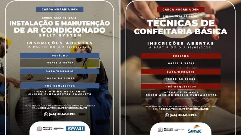 Guaíra abre inscrições para cursos de confeitaria e manutenção de ar-condicionado