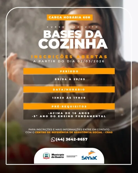 Curso “Bases da Cozinha” abre 20 vagas gratuitas em Guaíra