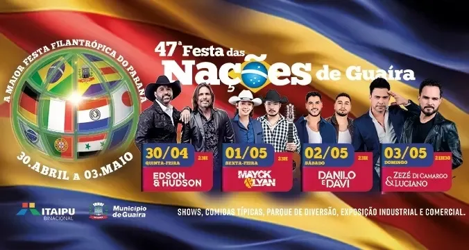 Festa das Nações começa quinta-feira com shows nacionais gratuitos, gastronomia e R$ 100 mil em prêmios em Guaíra