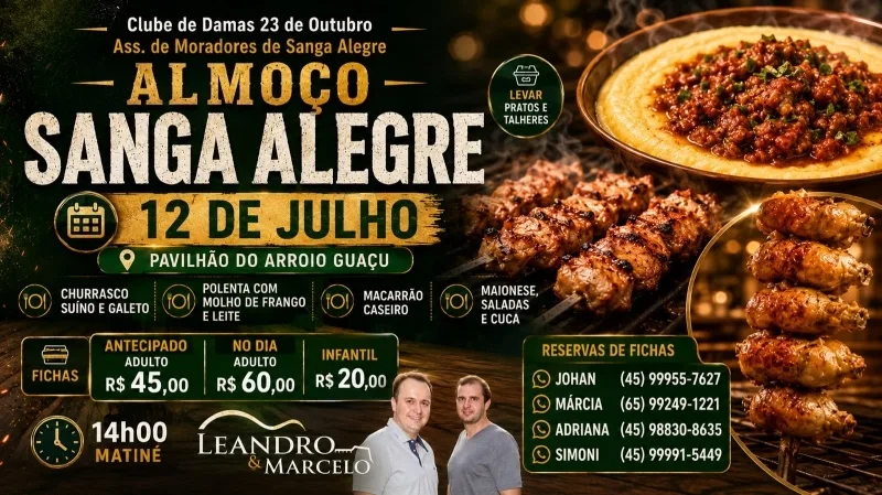 Com matinê de Leandro e Marcelo, Sanga Alegre promove almoço neste domingo