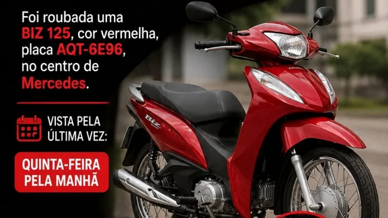 Motocicleta é furtada no centro de Mercedes