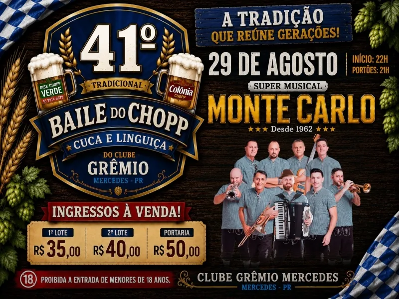Está chegando! 41º Baile do Chopp, Cuca e Linguiça acontece dia 29 de agosto em Mercedes