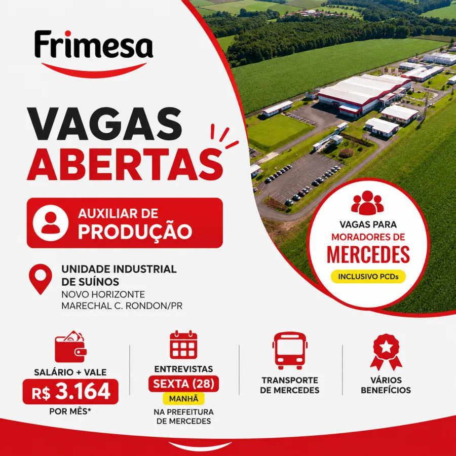 Frigorífico da Frimesa abre vagas para moradores de Mercedes