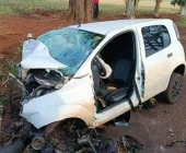 Uno fica destruído após bater em árvore e em caminhão na PR-182 em Toledo
