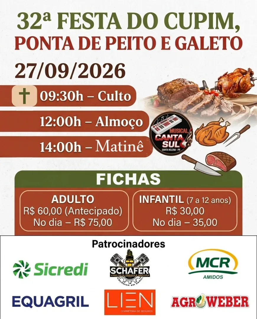 Festa do Cupim acontece amanhã no Arroio Guaçu com culto, almoço e matinê
