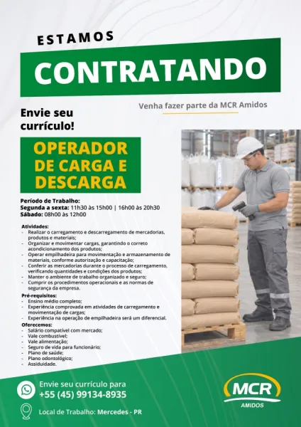 MCR Amidos abre vaga de emprego para operador de carga e descarga em Mercedes